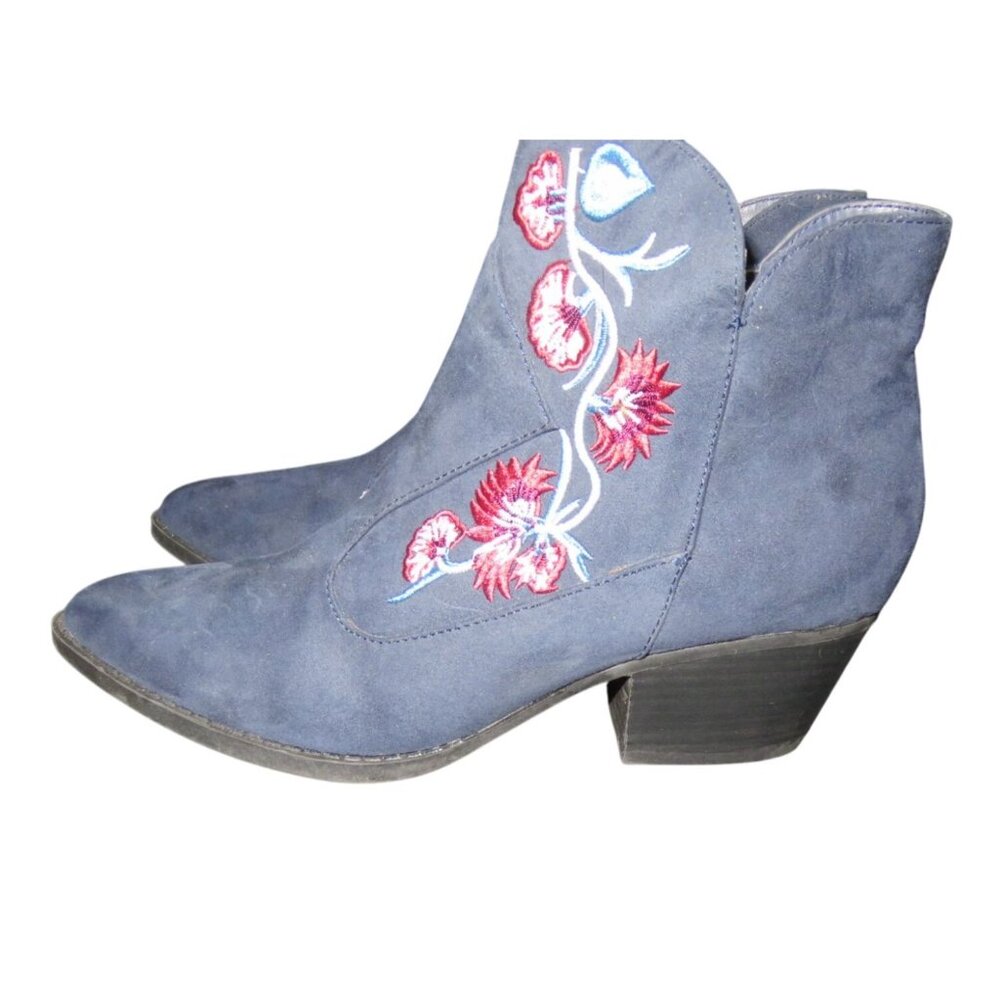 Carlos By Carlos Santana Floral Embroidered Blue Vegan Suede Side Zip Boots 8